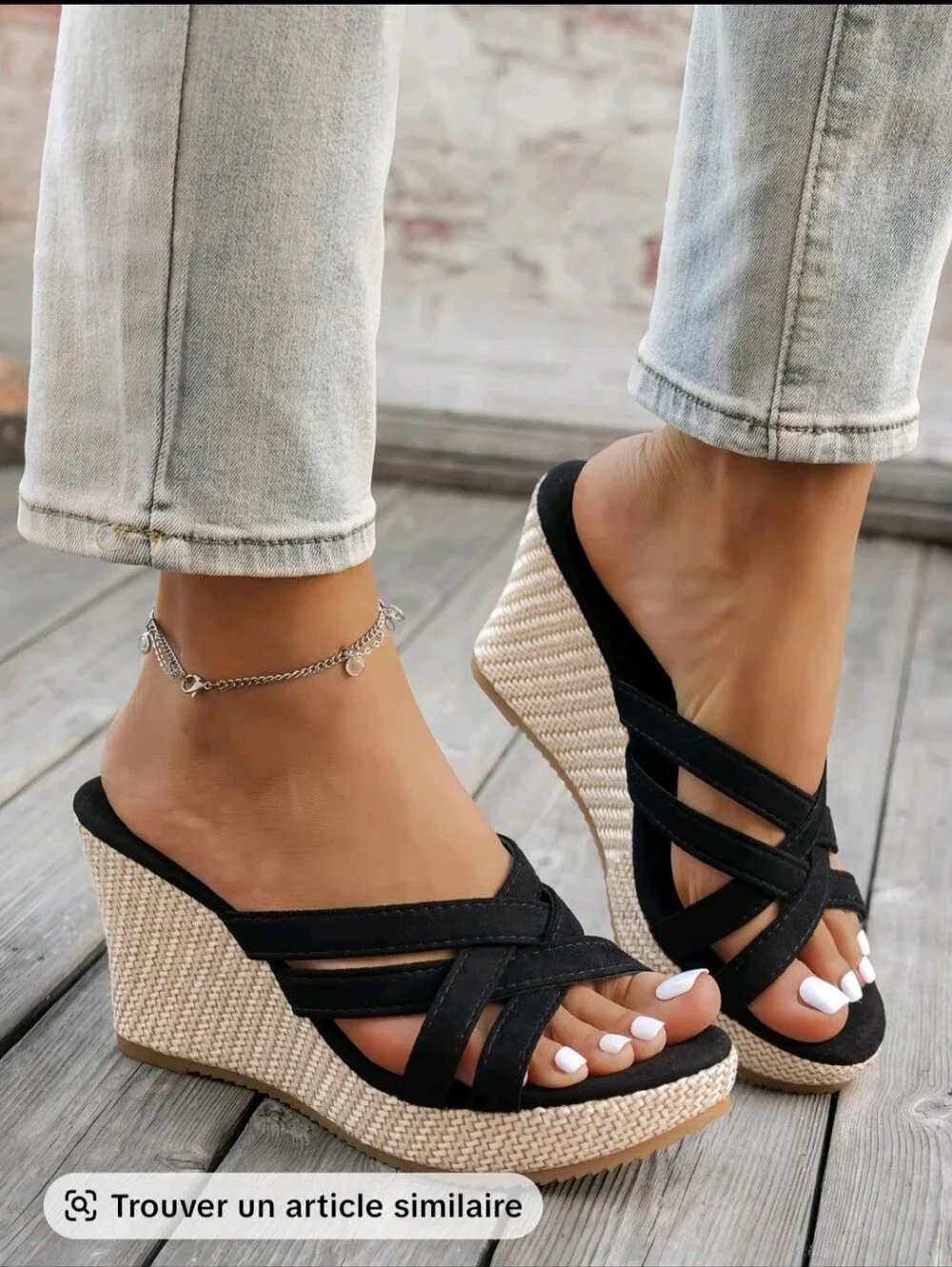 Women’s Black Wedge Sandals with Braided Platform